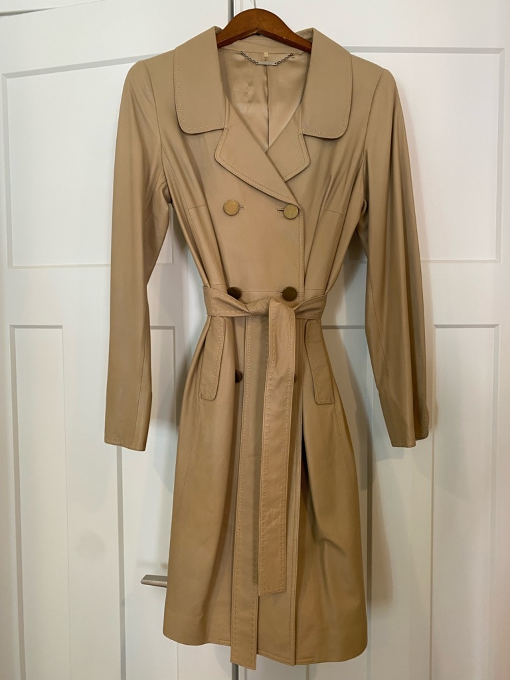 Elie Tahari Beige Leather Double-Breasted Trench